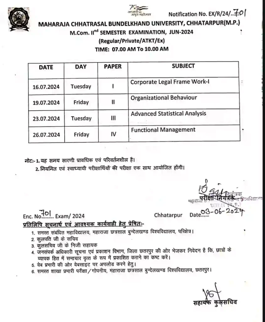 MCOM 2nd Sem Time Table Mcbu